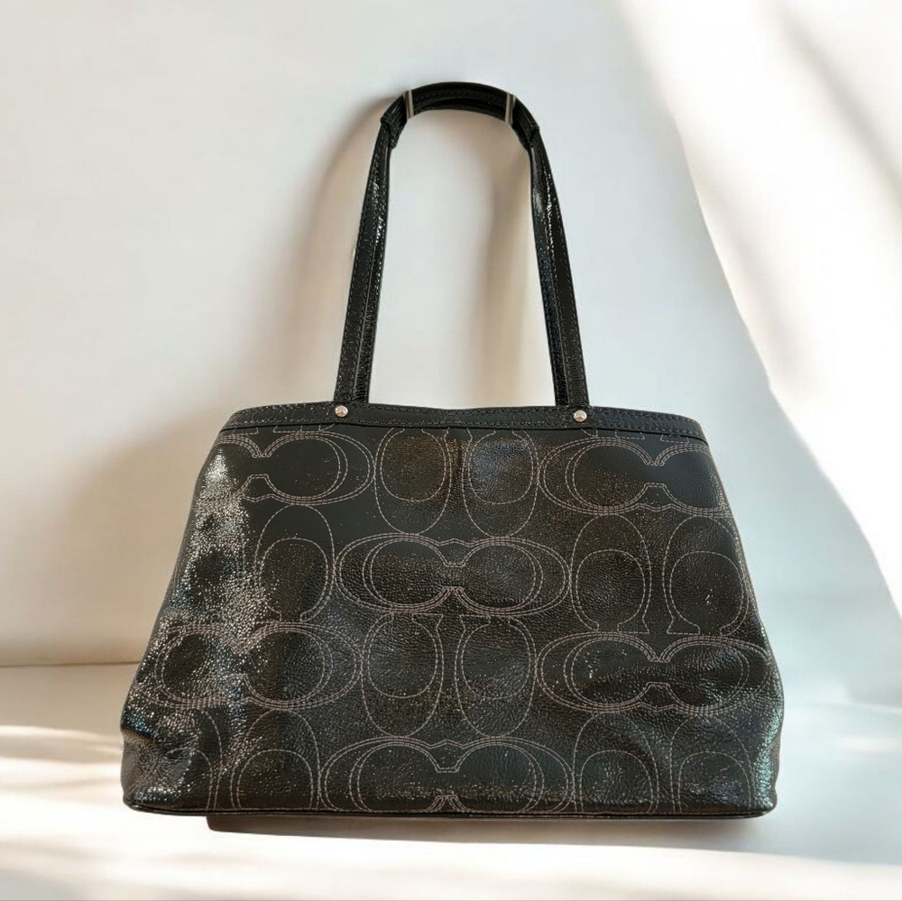Coach Black Patent Leather Logo Carryall Purse Bag - Picture 2 of 11